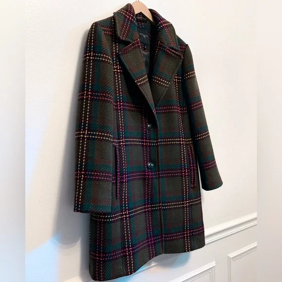 Talbots Wool Blend Olive Green Plaid Coat Petite Medium Like New - Picture 6 of 13